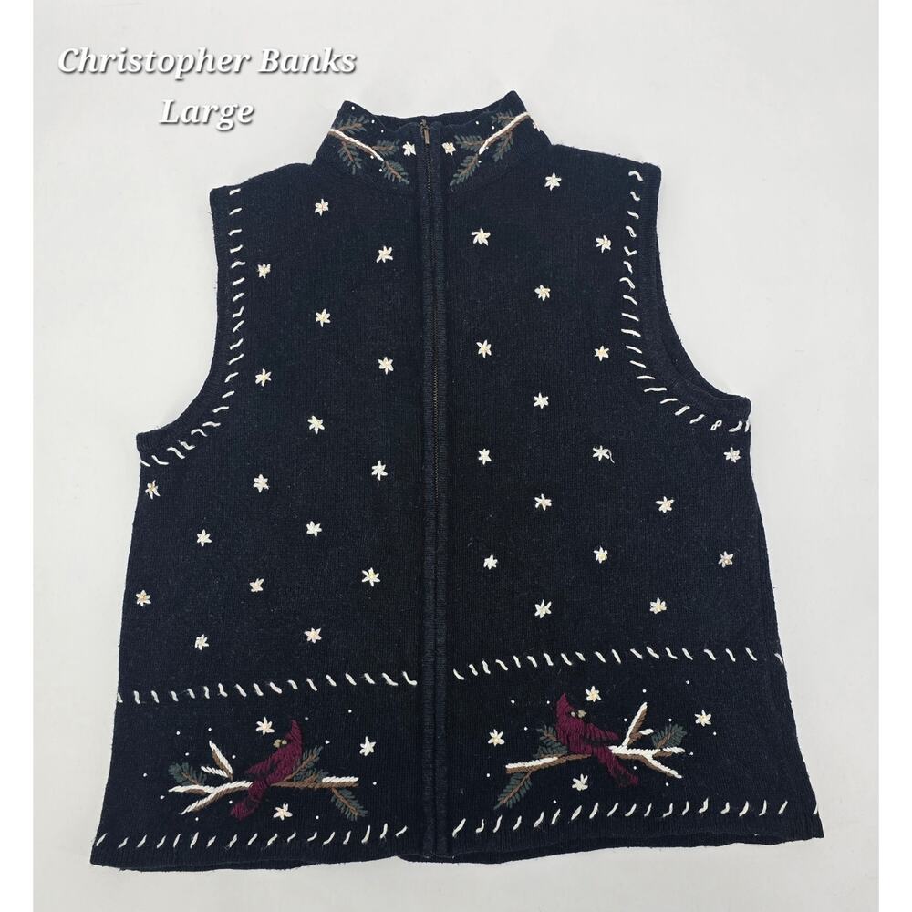 Christopher & Banks Cardinal Christmas Grandmacore Hand-Embroidered‎ Zip Vest